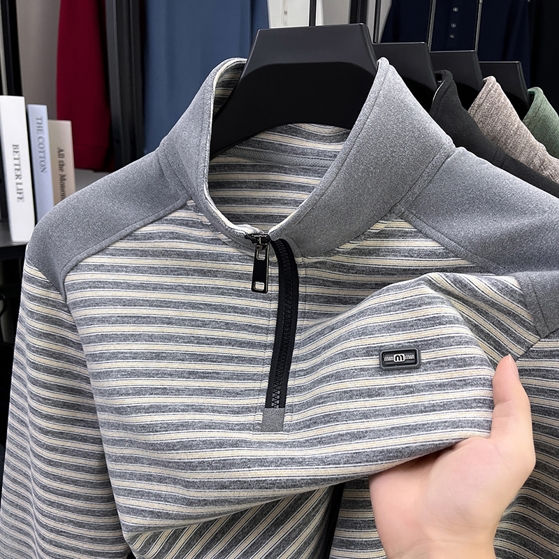 双面绒春秋男士磨毛卫衣半拉链立领条纹长袖T恤休闲百搭上衣潮流 - 图1