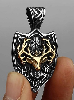 复古维京人霸气鹿角钛钢吊坠欧美风士潮流不锈钢吊坠项链饰品