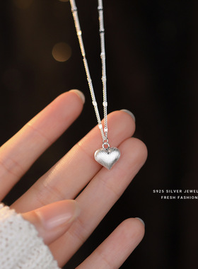 s925纯银拉丝爱心项链吊坠女轻奢小众简约级心形百搭锁骨链