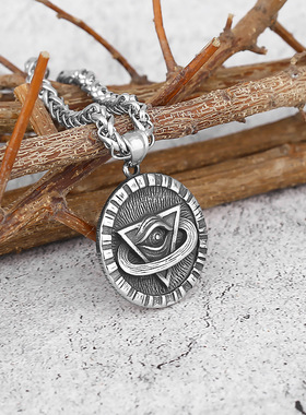 日月星辰眼睛圆盘钛钢吊坠简约眼睛吊坠士复古不锈钢吊坠项链