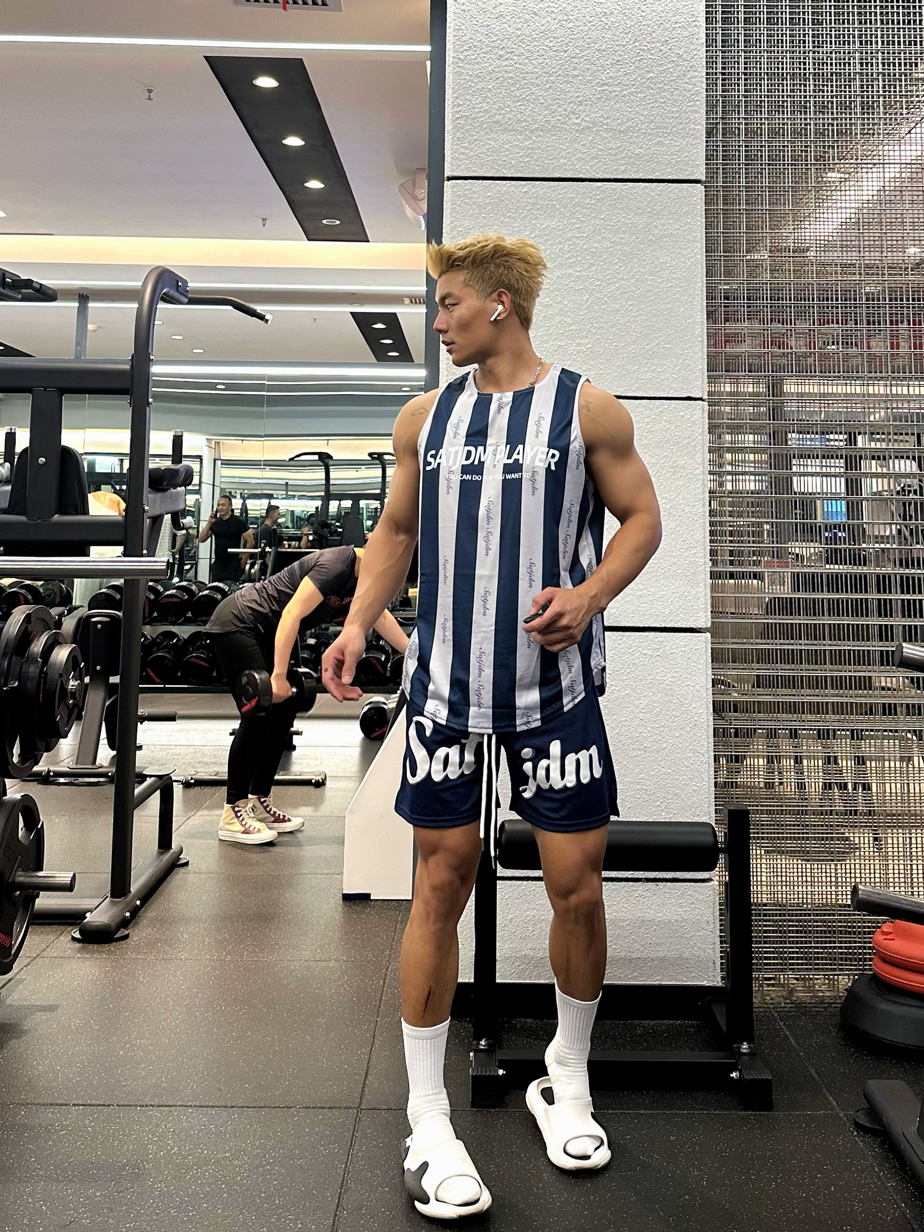 美式运动背心男SATJDM竖条纹足球服透气窄肩健身训练篮球T恤球衣 - 图2