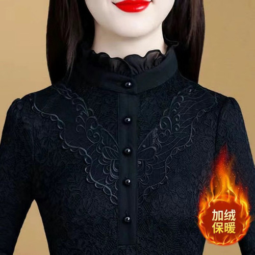 2025春秋时尚半高领女士洋气外穿内搭妈妈装加绒加厚黑色打底衫潮 - 图1