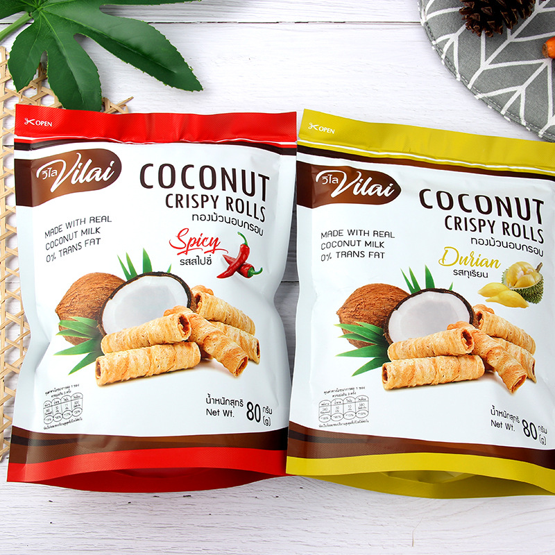 coconut rolls泰国进口唯来椰子卷酥脆原味咸蛋黄榴莲味蛋卷80g-图0