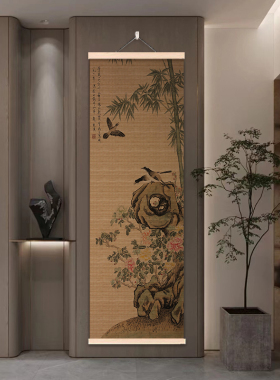 中古风花鸟竹帘挂画入户玄关挂帘