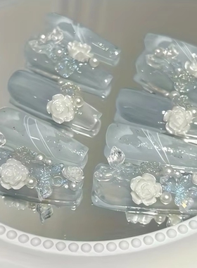 穿戴甲韩系ins手工蓝色花朵珍珠装饰仙女系果冻水晶亮晶晶美甲片