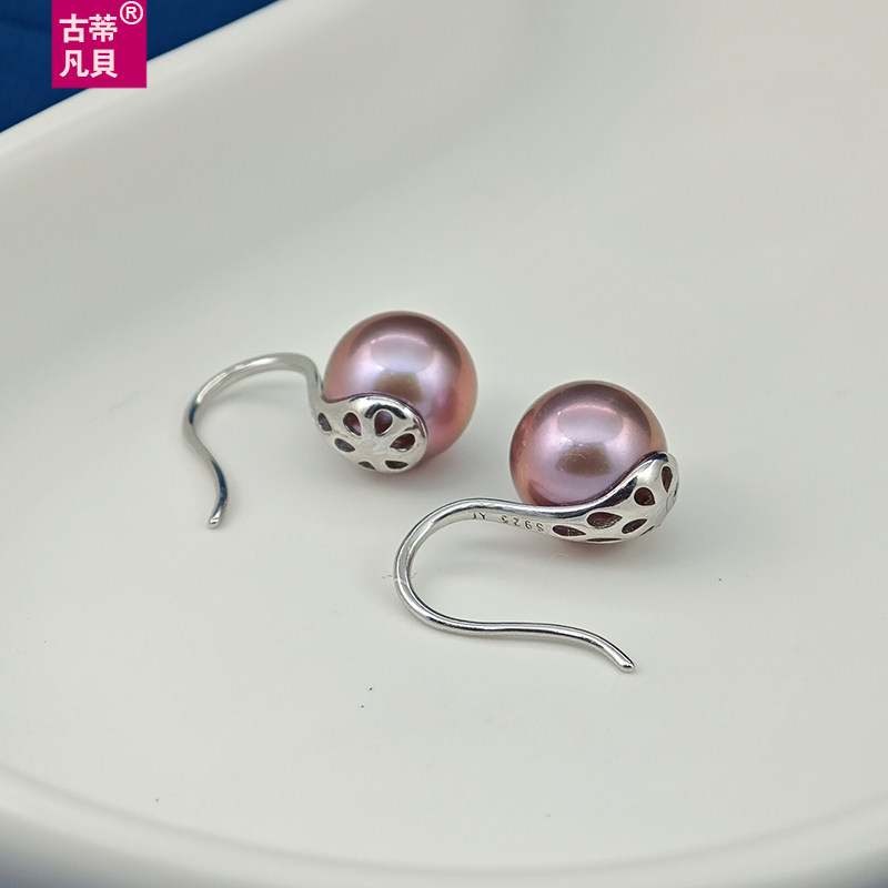 【古蒂】天然淡水珍珠耳环紫色正圆强光高跟鞋耳钉简约纯银女耳饰,淘宝优惠券,粉丝福利购,淘宝优惠卷