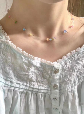 夏日波西米亚多巴胺少女鱼线猫眼石彩色糖果色串珠温柔锁骨项链