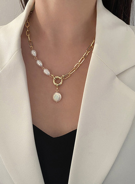 复古巴洛克珍珠吊坠拼接项链女ins潮轻奢小众设计毛衣链配饰