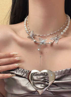 甜酷镶锆镂空蝴蝶珍珠流苏项链女小众设计感高级配饰时尚个性辣妹