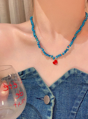 多巴胺彩色石串珠项链女款轻奢小众锁骨链滴釉爱心气质颈链配饰