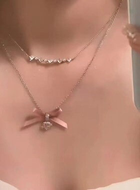 新款爱心蝴蝶结双层粉色项链甜美少女风小众设计轻奢高级锁骨链女