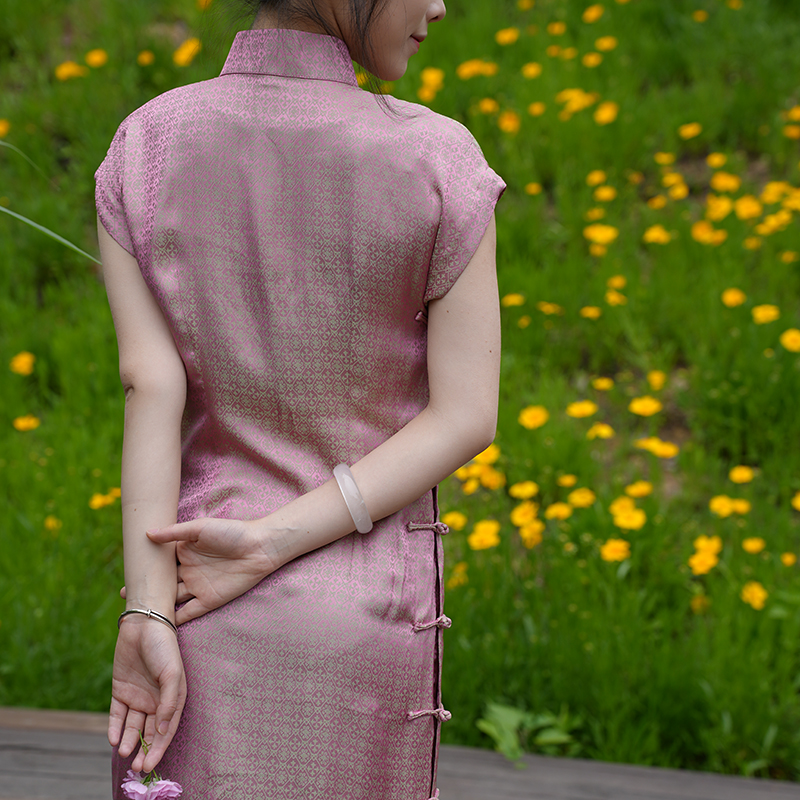 原创醋酸单层提花女低立领旗袍手工夏季减龄中式日常显瘦气质长裙