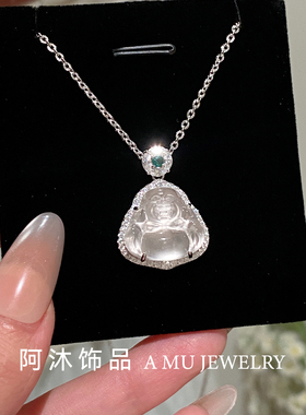 纯银天然水沫玉佛公项链女