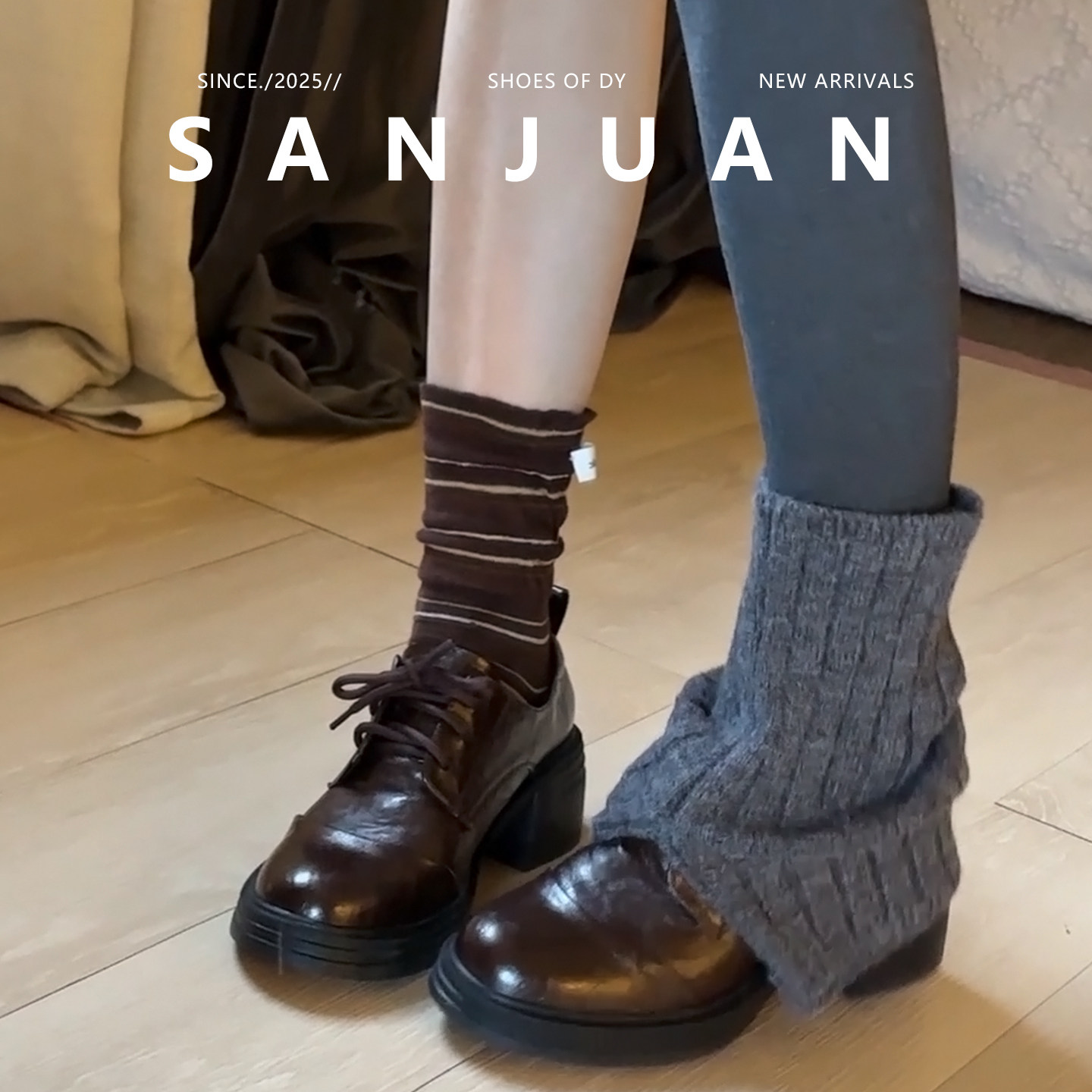 羊皮版sanjuan三卷加绒小皮鞋英伦风厚底增高单鞋棕色高跟鞋粗跟,淘宝优惠券,粉丝福利购,淘宝优惠卷