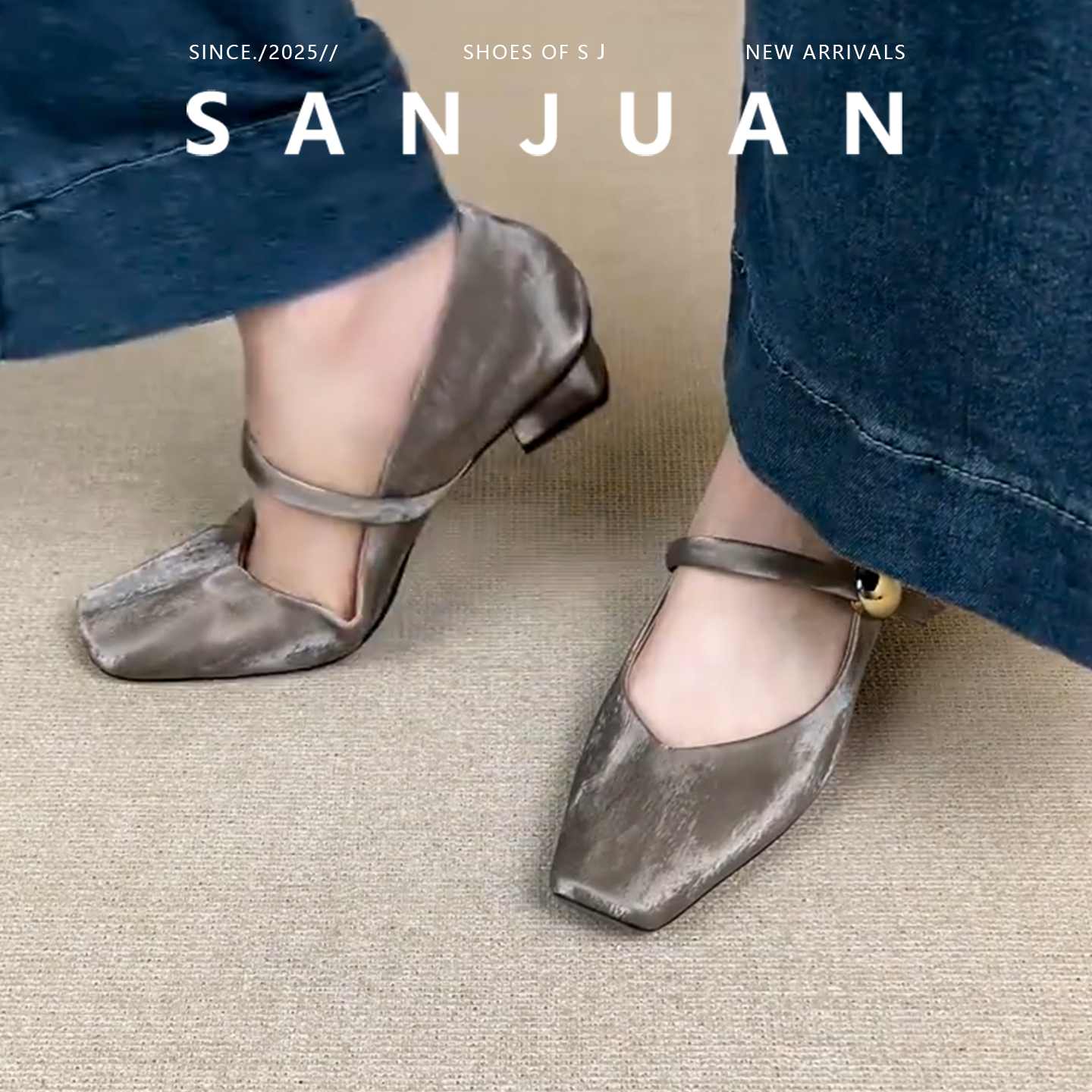 三卷sanjuan法式复古风方头粗跟一字带玛丽珍百搭浅口绒面单鞋女 - 图1