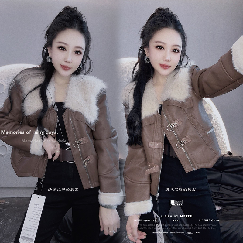 大毛领短外套女2025冬季新款欧货加绒加厚保暖时尚皮毛一体夹克潮 - 图1