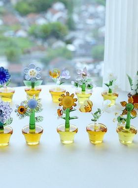 创意小花朵桌面玻璃摆饰客厅书桌家居清新彩色花朵植物玻璃摆件