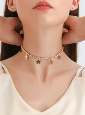 欧美跨境饰品 简约单层爪钻链五角星吊坠项链女 冷淡风金属链项饰