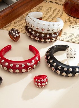 欧美跨境朋克铆钉微镶彩色树脂手