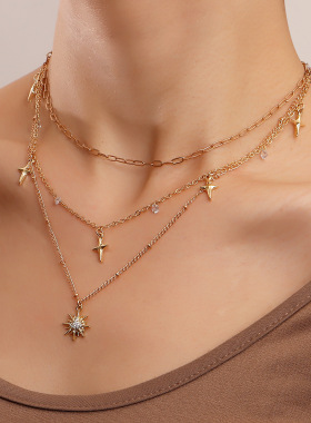 欧美热卖配饰 朋克轻奢镶钻八芒星项链 小众设计感十字星吊坠颈链