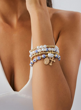 欧美跨境饰品简约串珠青花瓷手链