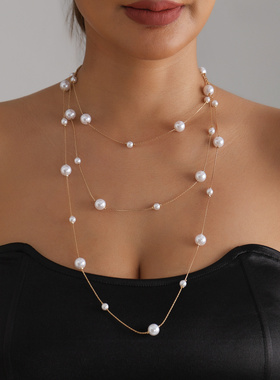 欧美跨境饰品复古长款几何珍珠项