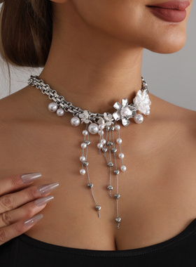 欧美跨境饰品花朵珍珠流苏项链百