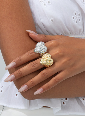 欧美Ring跨境手饰品简约ins液态心形指环 褶皱冷淡金属风关节戒指