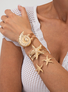 欧美跨境Bracelet海洋度假风海星海螺手饰复古夸张开口贝壳手镯女
