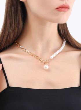 小众编织几何仿珍珠叠戴锁骨链百搭OT扣拼接链条简约复古串珠项链