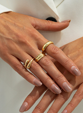 欧美跨境不规则液态褶皱开口戒指