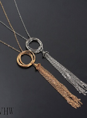 欧美跨境圆环长款流苏吊坠项链