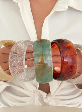 欧美跨境ins风渐变半透明亚克力手镯女 夸张圆形宽面不规则手环