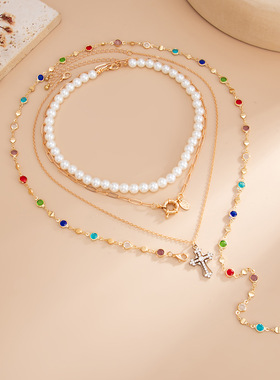 欧美跨境太阳宝石吊坠叠戴项链时