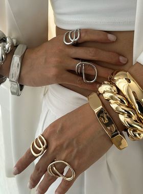 个性金色光面螺纹叠戴ins手镯 复古六边几何镜面夸张欧美跨境手环