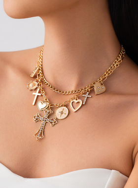 欧美跨境甜酷爱心圆形吊坠项饰女