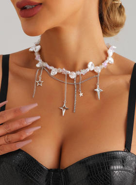 欧美冷淡风十字星镶钻仿珍珠项链时尚个性叠戴气质高级锁骨链项饰