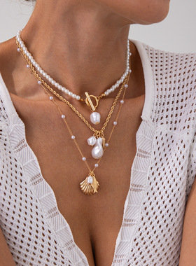 欧美跨境ins仿珍珠叠戴贝壳吊坠