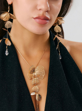 欧美跨境夸张长款银杏叶子珍珠