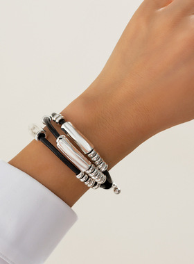 欧美跨境复古串珠弯管叠戴手链套装 冷淡风个性几何bracelet手饰