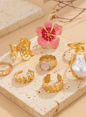 欧美跨境田园粉色花朵开口关节戒