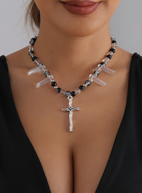 欧美跨境饰品暗黑系黑珠十字架项