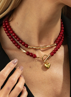 欧美跨境红色串珠OT扣爱心吊坠项