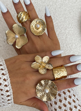 欧美ins夸张肌理感叠戴开口戒指女 简约几何仿珍珠荷叶花朵手饰品