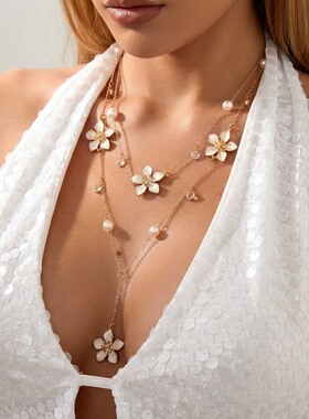欧美跨境波西米亚花朵吊坠珍珠项