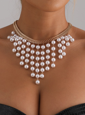 欧美跨境饰品多层长款珍珠流苏