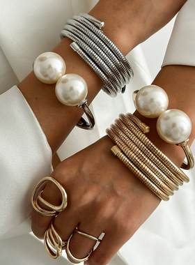 欧美bracelet大珍珠金属开口手镯 朋克叠戴多层跨境时尚ins手环女