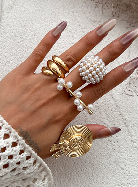 欧美跨境小众仿珍珠微镶创意帽子手饰 个性螺纹缠绕夸张关节戒指