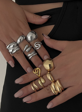 欧美跨境ins液态线条几何开口戒指 小众设计不规则熔岩指环手饰女