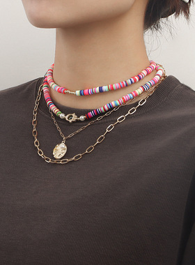 欧美跨境饰品 夏季波西米亚多层彩色软陶恶魔之眼项链女 百搭项饰